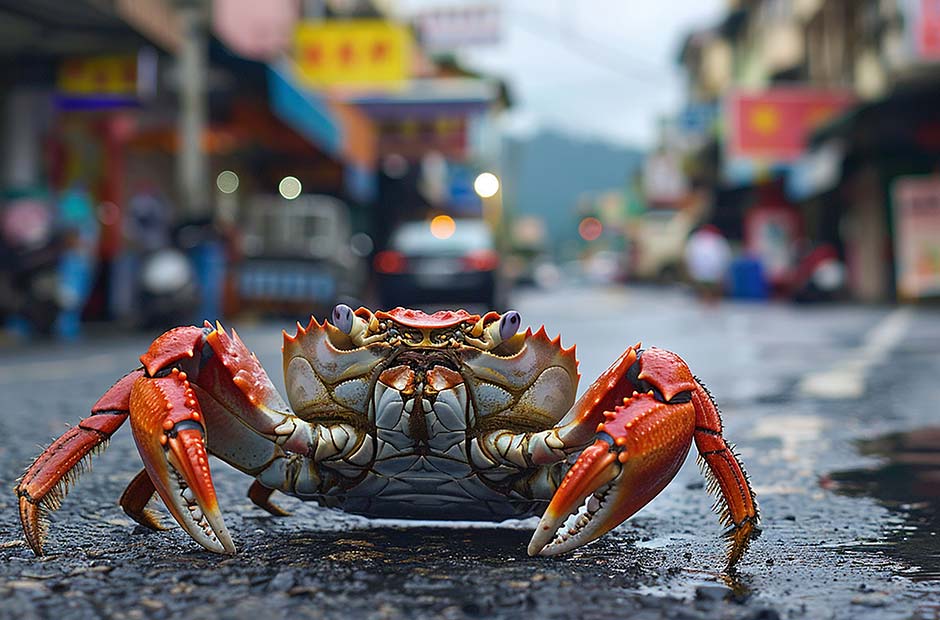 Nhìn thấy cua đang bò trên đường